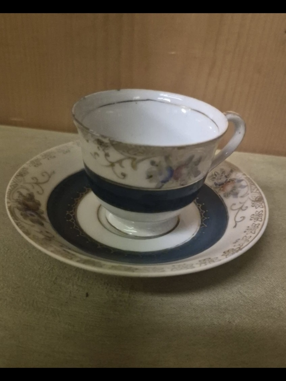 Occupied Japan Teacup Saucer Set Deep Teal Blue Gold Trim